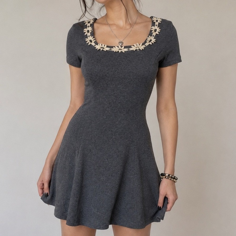 Next Era Totally Gray Knit Mini Dress Daisy Babydoll Neckline Fit Flare Y2K 90s
